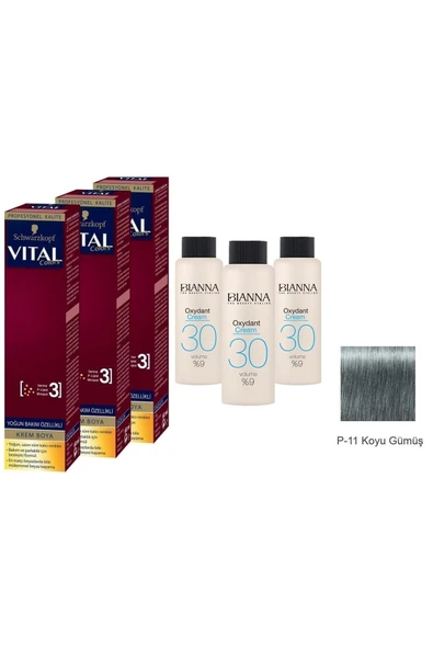 VİTAL Colors Krem Saç Boyası P-11 Koyu Gümüş 3 Adet + 3 Adet Oksidan