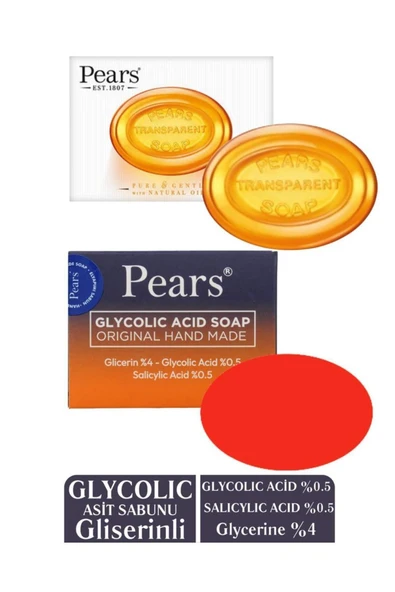 PEARS Original Saf ve Yumuşak Sabun 100gr + Gliserinli GLİKOLİK Asit Sabun 120 gr