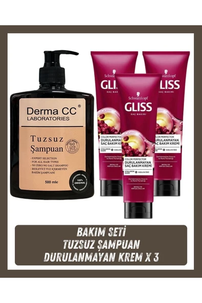 GLİSS Durulanmayan Saç Bakım Kremi 150ml X 3 Adet + Derma CC LABORATORIES Tuzsuz Şampuan 500 ml