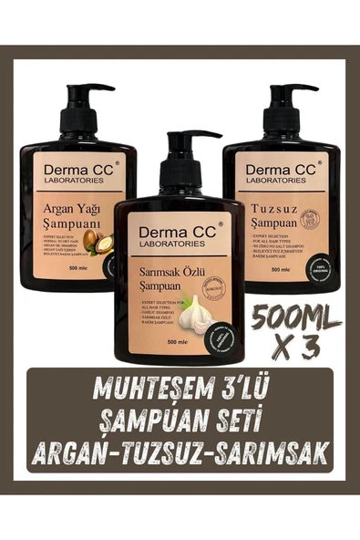 DERMA CC LABORATORIES Şampuan Seti - Sarımsak Özlü 500m + Argan Özlü 500m + Tuzsuz 500m