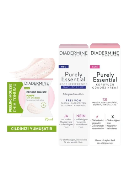 DİADERMİNE Nemlendirici Cilt Bakım Seti Gündüz Kremi 40 ml + Gece Kremi 40 ml + Peeling 75 ml