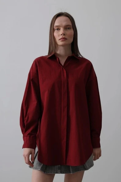 Uzun Kol Gömlek - Bordo - Resim 2