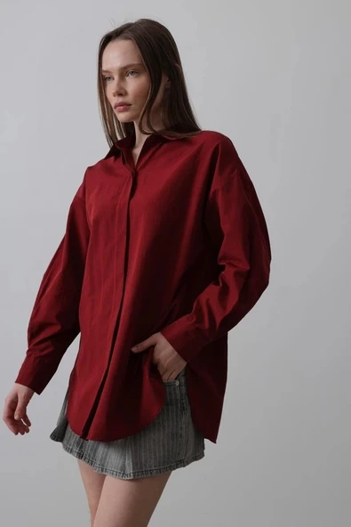 Uzun Kol Gömlek - Bordo - Resim 3