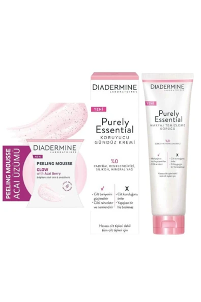 DİADERMİNE Nemlendirici Koruyucu Bakım 40 ml + Makyaj Temizleyici Köpük 150 ml + Peeling 75ml Işıltı