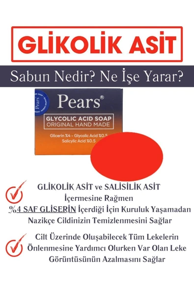 PEARS Original Saf ve Yumuşak Sabun 100gr + Gliserinli GLİKOLİK Asit Sabun 120 gr - 3