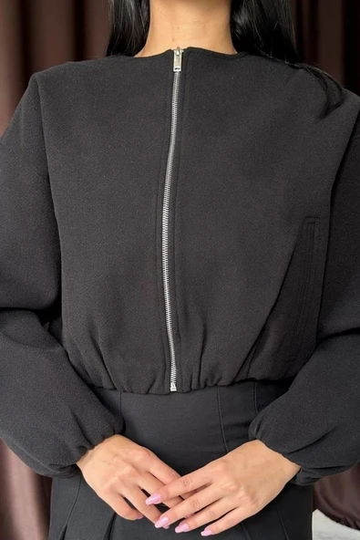 Siyah Kısa Önü Fermuarlı Bomber Ceket - 3
