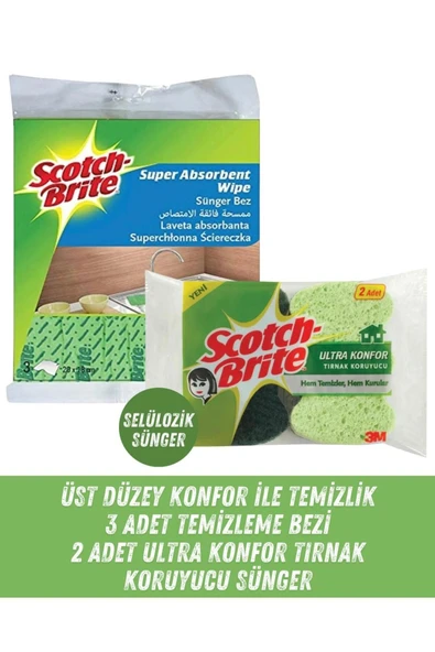 SCOTCH BRİTE Sil Temizle Seti - Temizlik Bezi 3 Adet + Selülozik Tırnak Konfor Süngeri 2 Adet