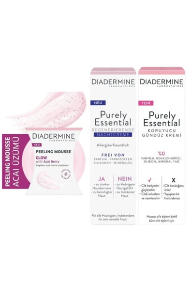 DİADERMİNE Nemlendirici Cilt Bakım Seti Gündüz Kremi 40 ml + Gece Kremi 40 ml + Peeling 75 ml IŞILTI