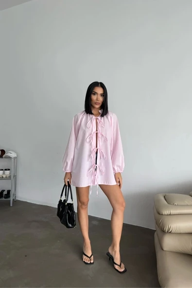 GÖMLEK POPLİN HAKİM YAKA ÖNDEN BAĞLAMA İP DETAYLI - Pembe