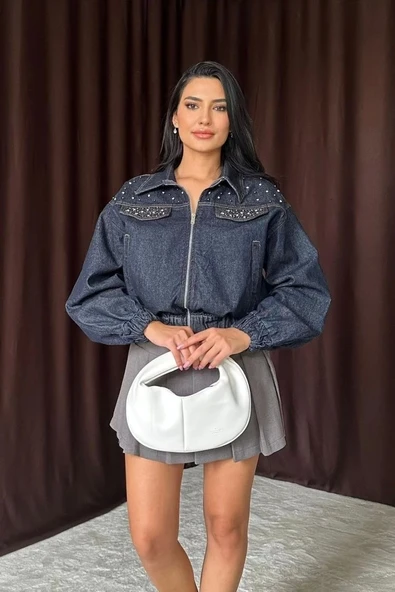 Mavi Taşlı Kısa Kot Ceket - 2