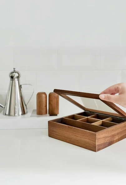 Akasya Ahşap Kapaklı 5 Bölmeli Çay Kutusu 20,5x20,5x6,5 cm Şeffaf Kapaklı Çay ve Kahve Düzenleyici Kutu - 3