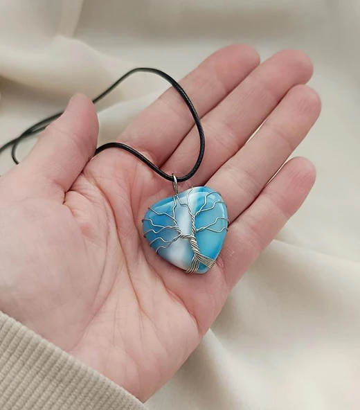 Kolye Ceyt Doğal Taş Hayat Ağacı Kalp Tel Sarma Kadın Kız Takı Gerdanlık Düğün Nişan - 2