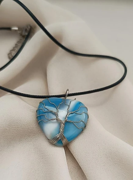 Kolye Ceyt Doğal Taş Hayat Ağacı Kalp Tel Sarma Kadın Kız Takı Gerdanlık Düğün Nişan - 3