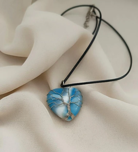 Kolye Ceyt Doğal Taş Hayat Ağacı Kalp Tel Sarma Kadın Kız Takı Gerdanlık Düğün Nişan