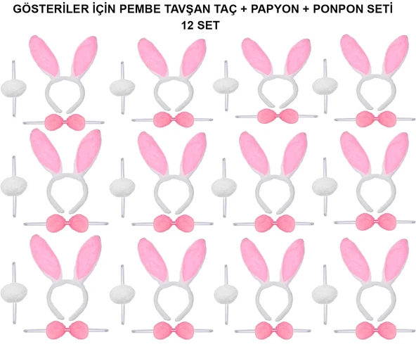 samur parti parti aksesuar & kostüm Pembe Tavşan Kostüm Seti – Taç Ponpon (12’li Paket)