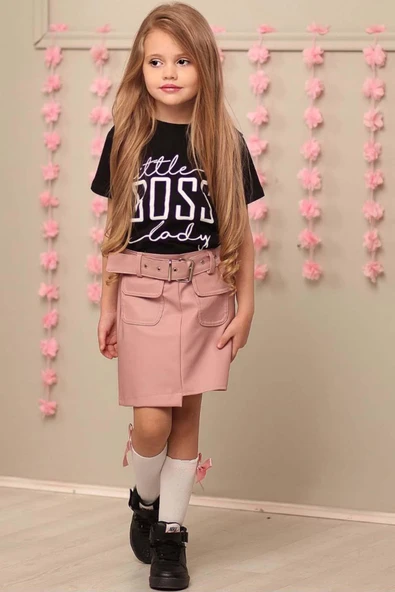 Kız Çocuk Little Yazı Baskılı T-Shirt Cep Detaylı Kemerli Pudra Deri Etekli Takım - Resim 6