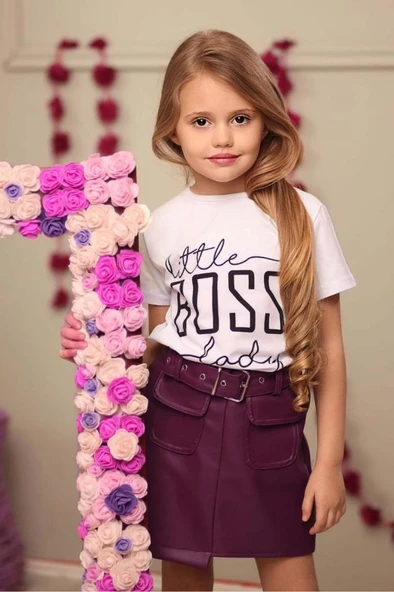 Kız Çocuk Little Yazı Baskılı T-Shirt Cep Detaylı Kemerli Bordo Deri Etekli Takım - Resim 7