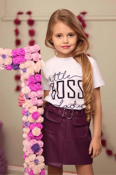 Kız Çocuk Little Yazı Baskılı T-Shirt Cep Detaylı Kemerli Bordo Deri Etekli Takım - Resim 11