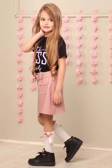 Kız Çocuk Little Yazı Baskılı T-Shirt Cep Detaylı Kemerli Pudra Deri Etekli Takım - 9