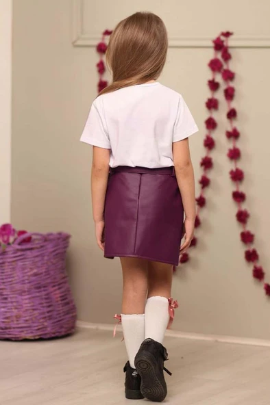 Kız Çocuk Little Yazı Baskılı T-Shirt Cep Detaylı Kemerli Bordo Deri Etekli Takım - Resim 4