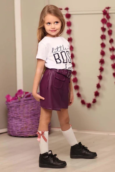 Kız Çocuk Little Yazı Baskılı T-Shirt Cep Detaylı Kemerli Bordo Deri Etekli Takım - Resim 10