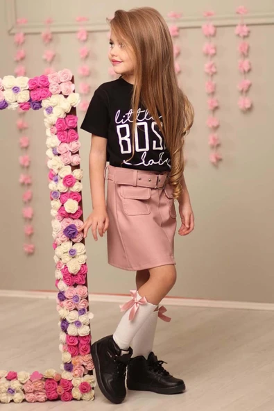 Kız Çocuk Little Yazı Baskılı T-Shirt Cep Detaylı Kemerli Pudra Deri Etekli Takım - 8