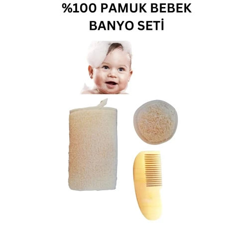%100 Doğal Pamuk Bebek Banyo Lifi, Doğal Pamuklu Bebek Yüz Lifi, Bebek Limon Ağacı Ahşap Tarak Set TdrTR