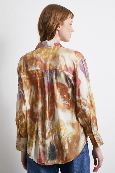 Desenli Saten Gömlek Lila - Resim 3