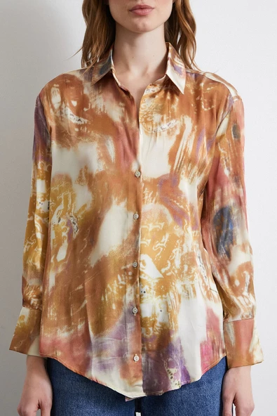 Desenli Saten Gömlek Lila - Resim 2