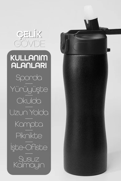 Komple Paslanmaz Çelik Matara Pipetli Mat Renk Spor Matarası Suluğu 304 Çelik Suluk Siyah 1158 - 2