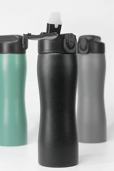 Komple Paslanmaz Çelik Matara Pipetli Mat Renk Spor Matarası Suluğu 304 Çelik Suluk Siyah 1158 - 7