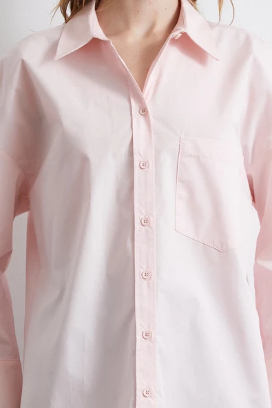 Oversize Pamuklu Gömlek Pembe - Resim 3