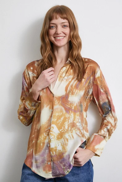 Desenli Saten Gömlek Lila - Resim 6