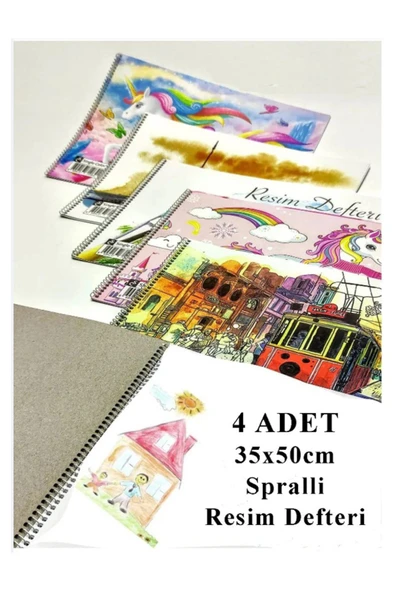 35x50  cm  spiralli resim defteri 4  Adet 15 yaprak  Spiralli büyük  Boy Resim Defteri Karton Kapak 110 gr