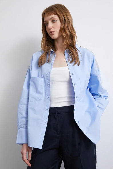 Omuzda Boncuk Detaylı Oversize Gömlek Mavi - 3