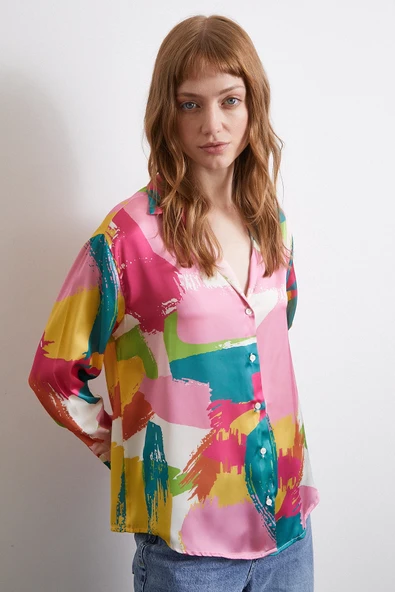 V Yaka Desenli Gömlek Pudra - Resim 3