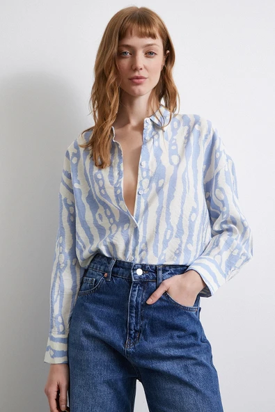 Zebra Desen Modal Gömlek Mavi - Resim 6