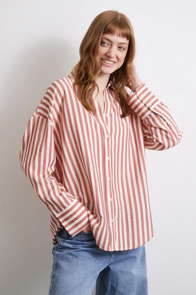 Çizgili T Kol Gömlek Kiremit - Resim 4