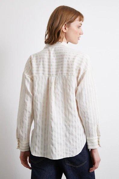 Multi Çizgili Cepli Gömlek Bej - Resim 3