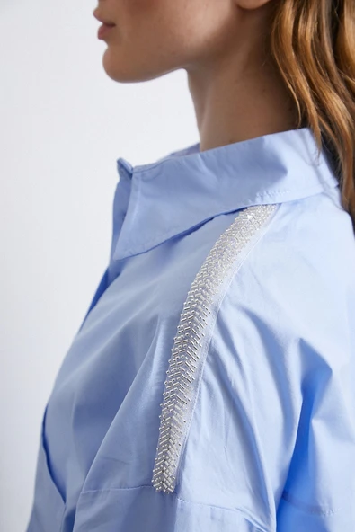Omuzda Boncuk Detaylı Oversize Gömlek Mavi - 6