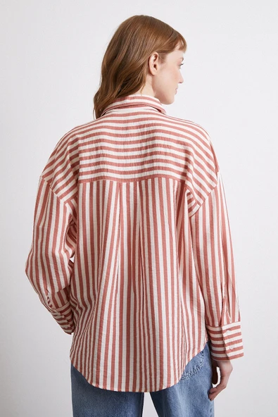 Çizgili T Kol Gömlek Kiremit - Resim 6