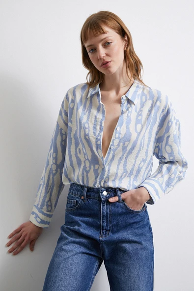 Zebra Desen Modal Gömlek Mavi - Resim 5
