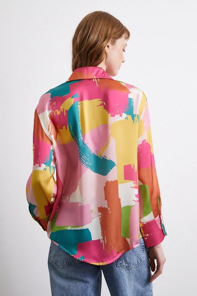 V Yaka Desenli Gömlek Pudra - Resim 5