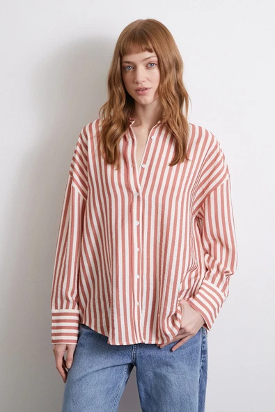 Çizgili T Kol Gömlek Kiremit - Resim 3