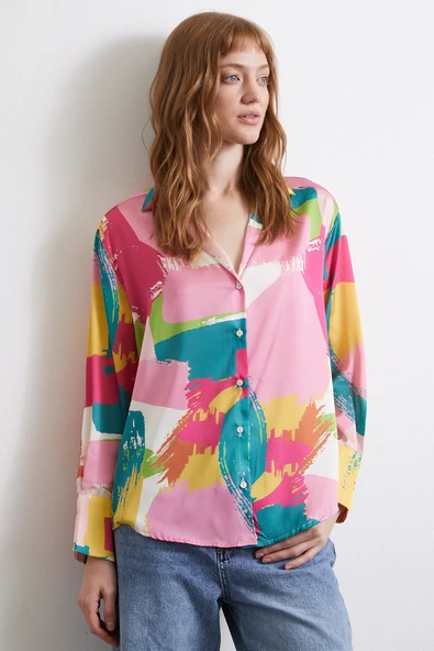 V Yaka Desenli Gömlek Pudra - Resim 2