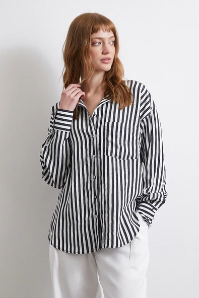 Multi Çizgili Cepli Gömlek Siyah - Resim 3