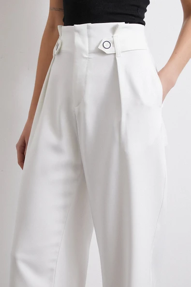 Bel Detaylı Wide Leg Pantolon Ekru - Resim 5