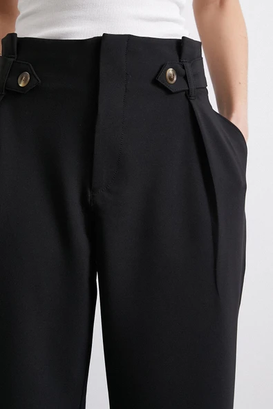 Bel Detaylı Wide Leg Pantolon Siyah - 5