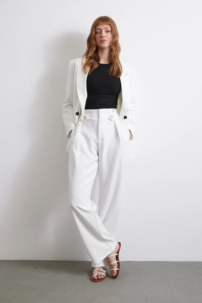 Bel Detaylı Wide Leg Pantolon Ekru ürün görseli 1