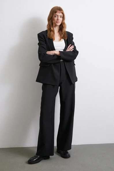 Bel Detaylı Wide Leg Pantolon Siyah - 2